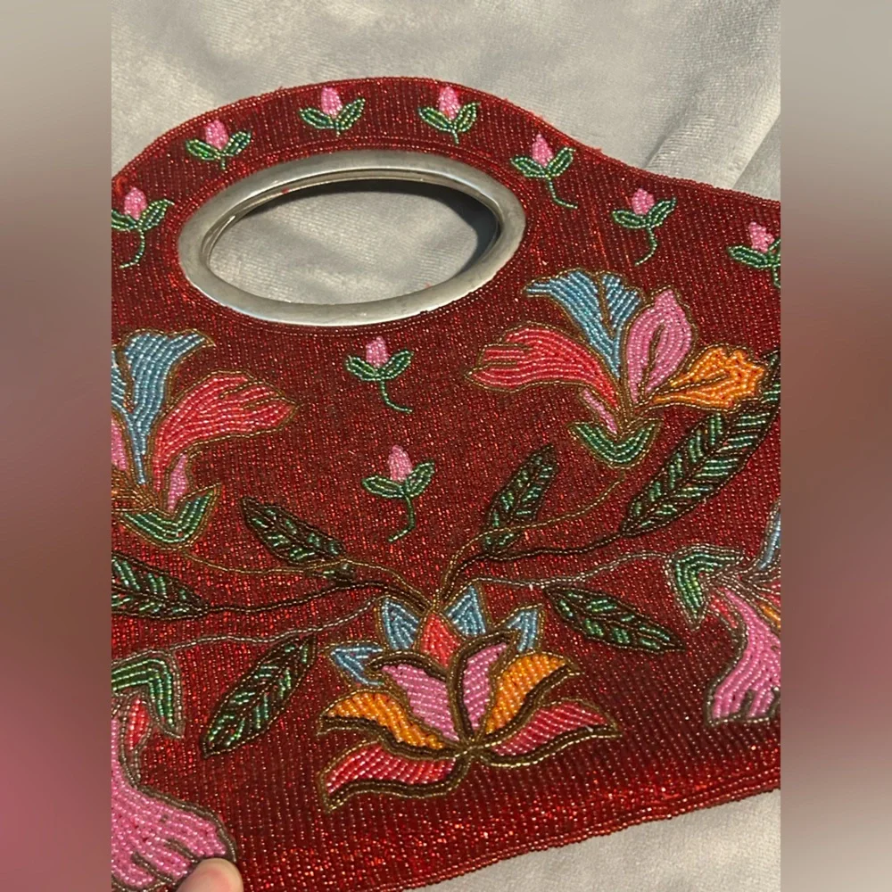 Vintage Red Floral Beaded Handbag Purse - Picture 9 of 13